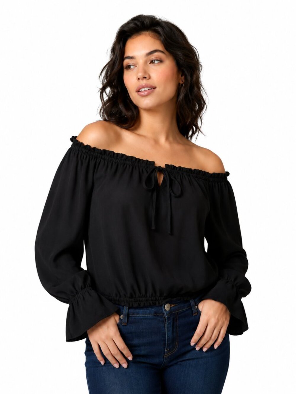 Black Off Shoulder Ruched Crop Top Size M 3/4 Sleeve